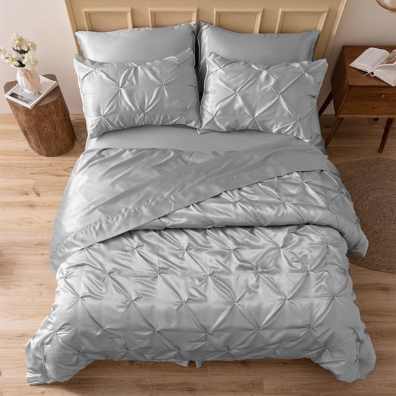 MR&HM Satin Comforter Set 7 Pieces Full Size - Luxurious Pinch Pleat Bed in a Bag with Satin Comforter, Satin Sheets, Satin Pillowcases & Shams, Silky Soft Bed Set for All Seasons (Silver Grey)