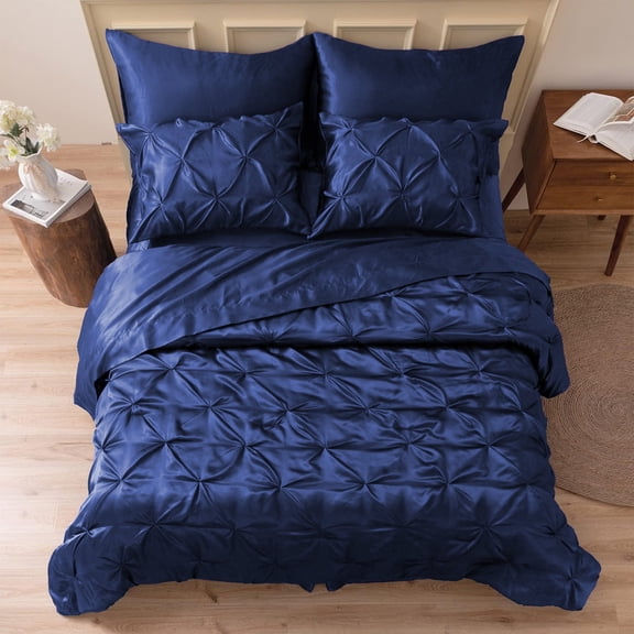 MR&HM Satin Comforter Set 7 Pieces Full Size - Luxurious Pinch Pleat Bed in a Bag with Satin Comforter, Satin Sheets, Satin Pillowcases & Shams, Silky Soft Bed Set for All Seasons (Navy Blue)