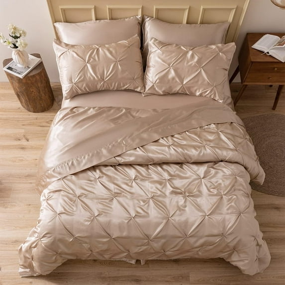 MR&HM Satin Comforter Set 7 Pieces King Size - Luxurious Pinch Pleat Bed in a Bag with Satin Comforter, Satin Sheets, Satin Pillowcases & Shams, Silky Soft Bedding Set for All Seasons (Champagne)