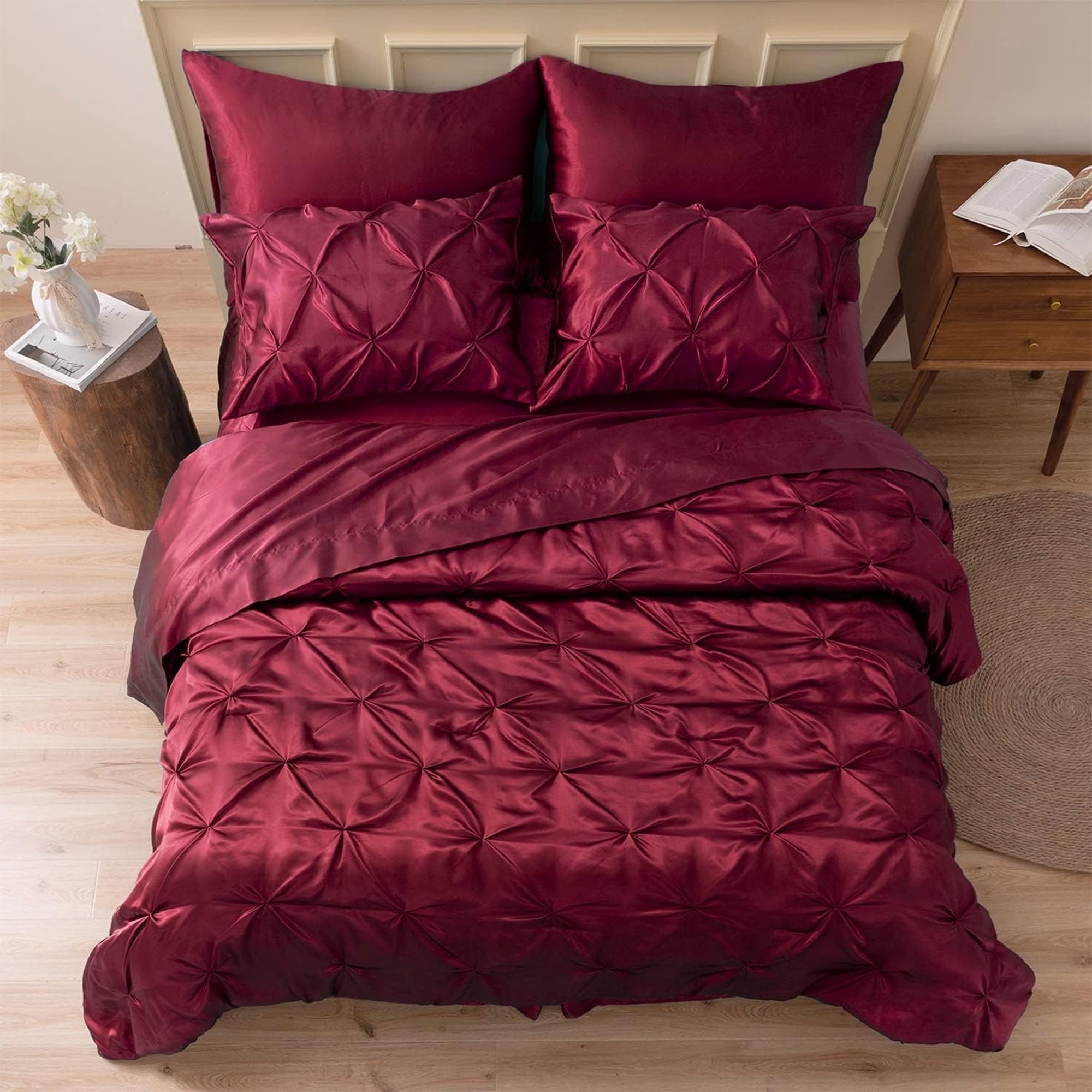 MR&HM Satin Comforter Set 7 Pieces King Size - Luxurious Pinch Pleat Bed in a Bag with Satin Comforter, Satin Sheets, Satin Pillowcases & Shams, Silky Soft Bedding Set for All Seasons (Burgundy)