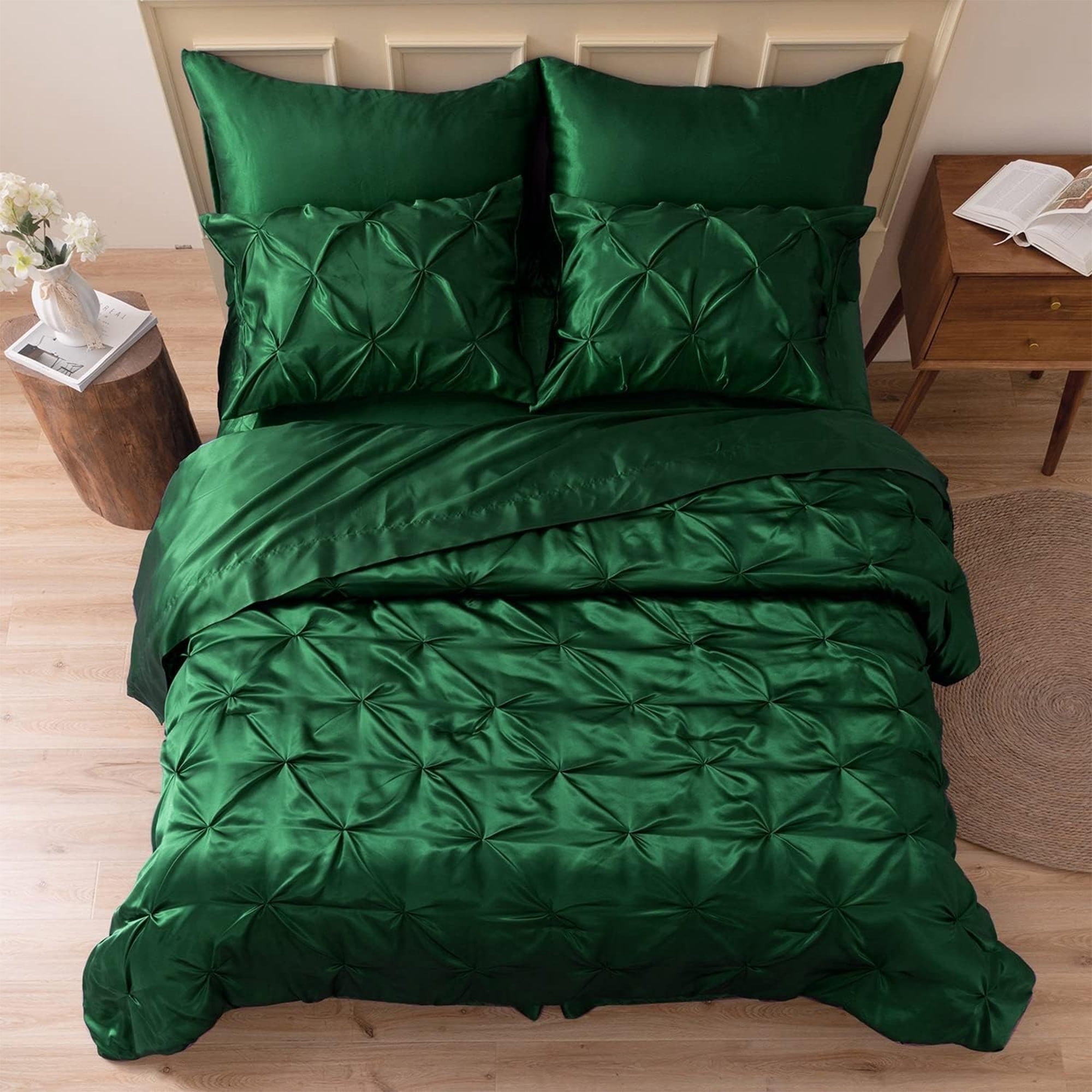 MR&HM Satin Comforter Set 7 Pieces Queen Size - Luxurious Pinch Pleat Bed in a Bag with Satin Comforter, Satin Sheets, Satin Pillowcases & Shams, Silky Soft Bedding Set for All Seasons (Dark Green)