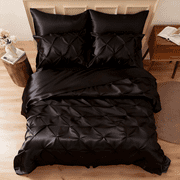 MR&HM Satin Comforter Set 7 Pieces Queen Size - Luxurious Pinch Pleat Bed in a Bag with Satin Comforter, Satin Sheets, Satin Pillowcases & Shams, Silky Soft Bedding Set for All Seasons (Black)