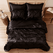 MR&HM Satin Comforter Set 7 Pieces Queen Size - Luxurious Pinch Pleat Bed in a Bag with Satin Comforter, Satin Sheets, Satin Pillowcases & Shams, Silky Soft Bedding Set for All Seasons Black