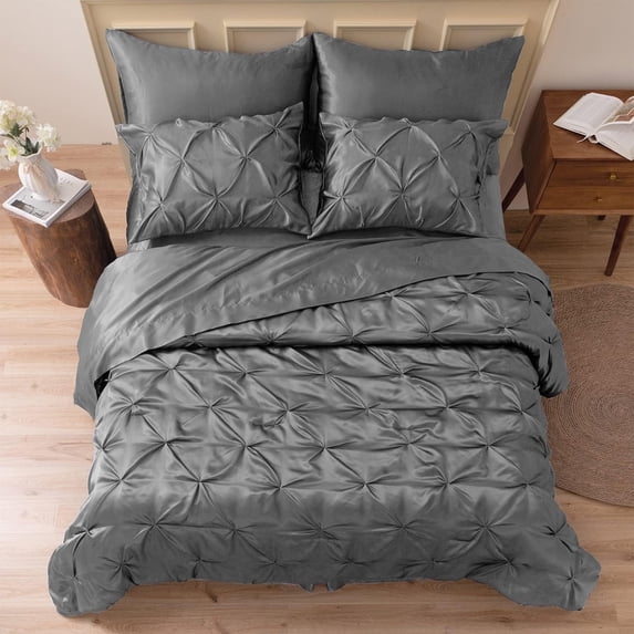 MR&HM Satin Comforter Set 7 Pieces Queen Size - Luxurious Pinch Pleat Bed in a Bag with Satin Comforter, Satin Sheets, Satin Pillowcases & Shams, Silky Soft Bedding Set for All Seasons (Dark Grey)