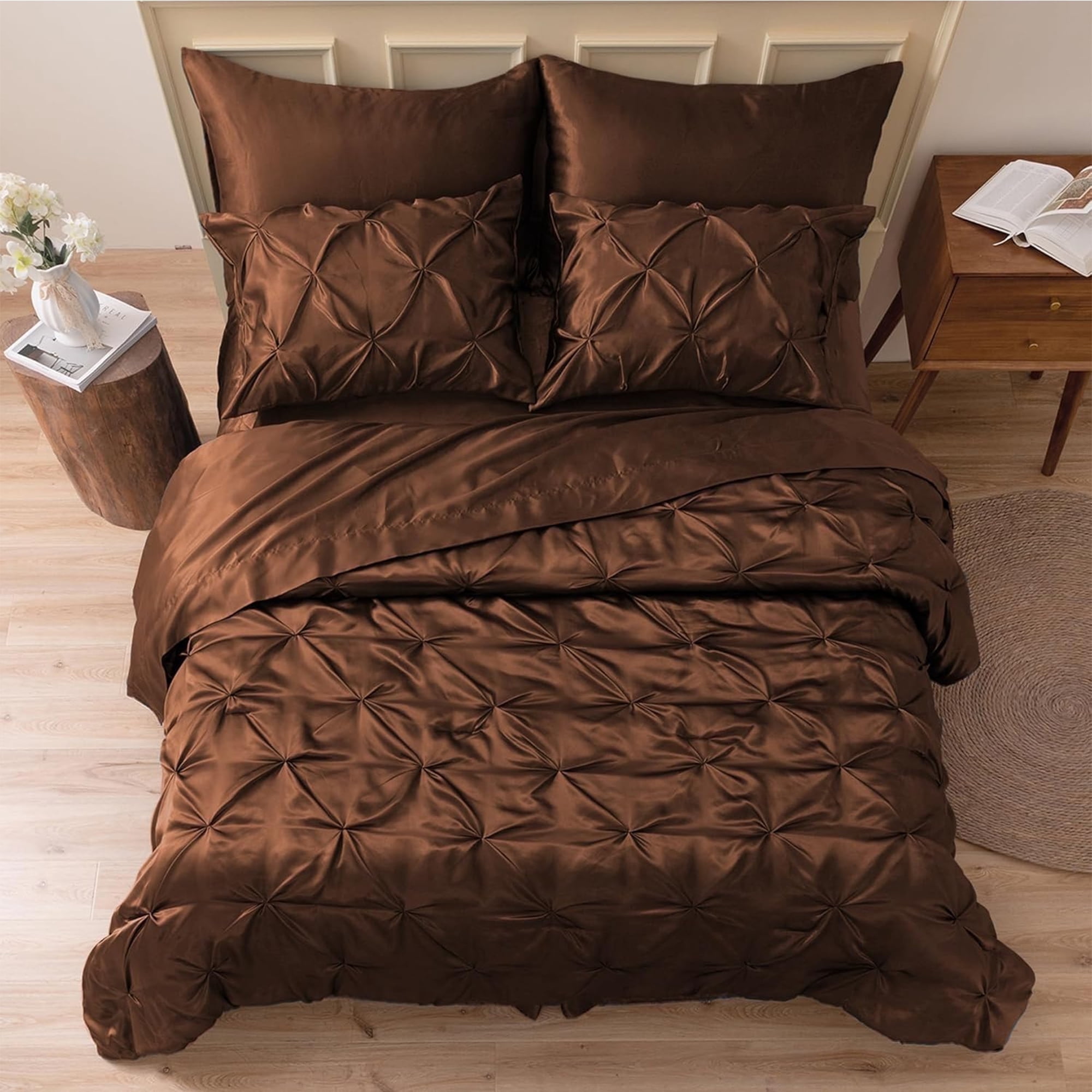 MR&HM Satin Comforter Set Full Size 7 Pieces - Luxurious Pinch Pleat Bedding Set, Silky Full Comforter, Flat Sheet, Deep Pocket Fitted Sheet with Corner Straps, Satin Pillowcases & Shams (Brown)
