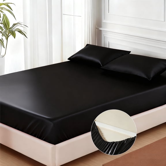 MR&HM Silky Satin Fitted Sheet Full Size, Soft Fitted Sheet with Elastic Corner Straps, Deep Pocket up to 15 Inches, No More Slipping Off for Mattress - 1 Black Fitted Sheet Only (Black)