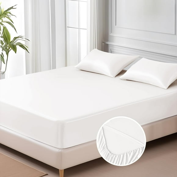 MR&HM Satin Fitted Sheet Full Size, Silky Bottom Sheet with Elastic Corner Straps, Deep Pocket up to 15 Inches, No More Slipping Off for Mattress - 1 Fitted Sheet Only (Ivory)