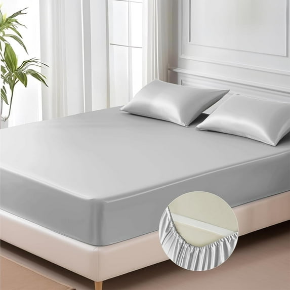 MR&HM Satin Fitted Sheet King Size, Silky Bottom Sheet with Elastic Corner Straps, Deep Pocket up to 15 Inches, No More Slipping Off for Mattress - 1 Fitted Sheet Only (Silver Grey)