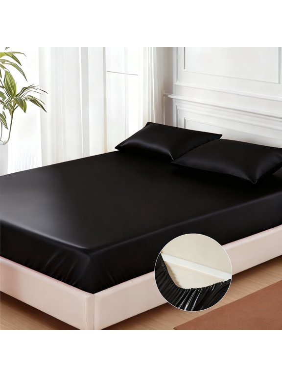 Silky Satin Fitted Sheet Queen Size, Soft Fitted Sheet with Elastic Corner Straps, Deep Pocket up to 15 Inches, No More Slipping Off for Mattress - 1 Black Fitted Sheet Only (Black)