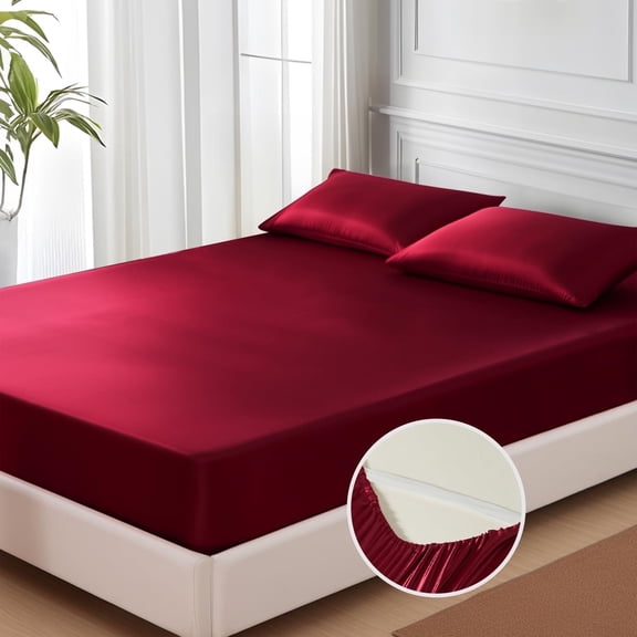 MR&HM Satin Fitted Sheet Queen Size, Silky Bottom Sheet with Elastic Corner Straps, Deep Pocket up to 15 Inches, No More Slipping Off for Mattress - 1 Fitted Sheet Only (Burgundy)