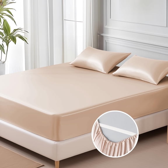 MR&HM Satin Fitted Sheet Queen Size, Silky Bottom Sheet with Elastic Corner Straps, Deep Pocket up to 15 Inches, No More Slipping Off for Mattress - 1 Fitted Sheet Only (Champagne)