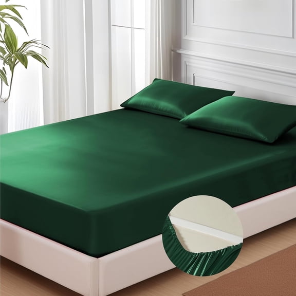 MR&HM Satin Fitted Sheet Queen Size, Silky Bottom Sheet with Elastic Corner Straps, Deep Pocket up to 15 Inches, No More Slipping Off for Mattress - 1 Fitted Sheet Only (Dark Green)