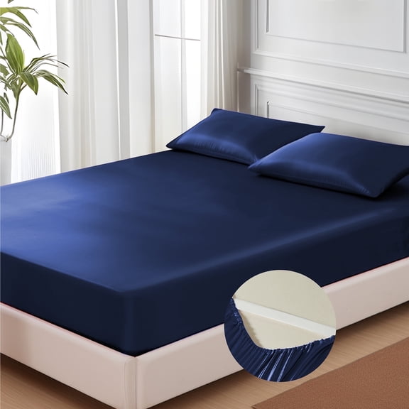 MR&HM Satin Fitted Sheet Queen Size, Silky Bottom Sheet with Elastic Corner Straps, Deep Pocket up to 15 Inches, No More Slipping Off for Mattress - 1 Fitted Sheet Only (Navy Blue)