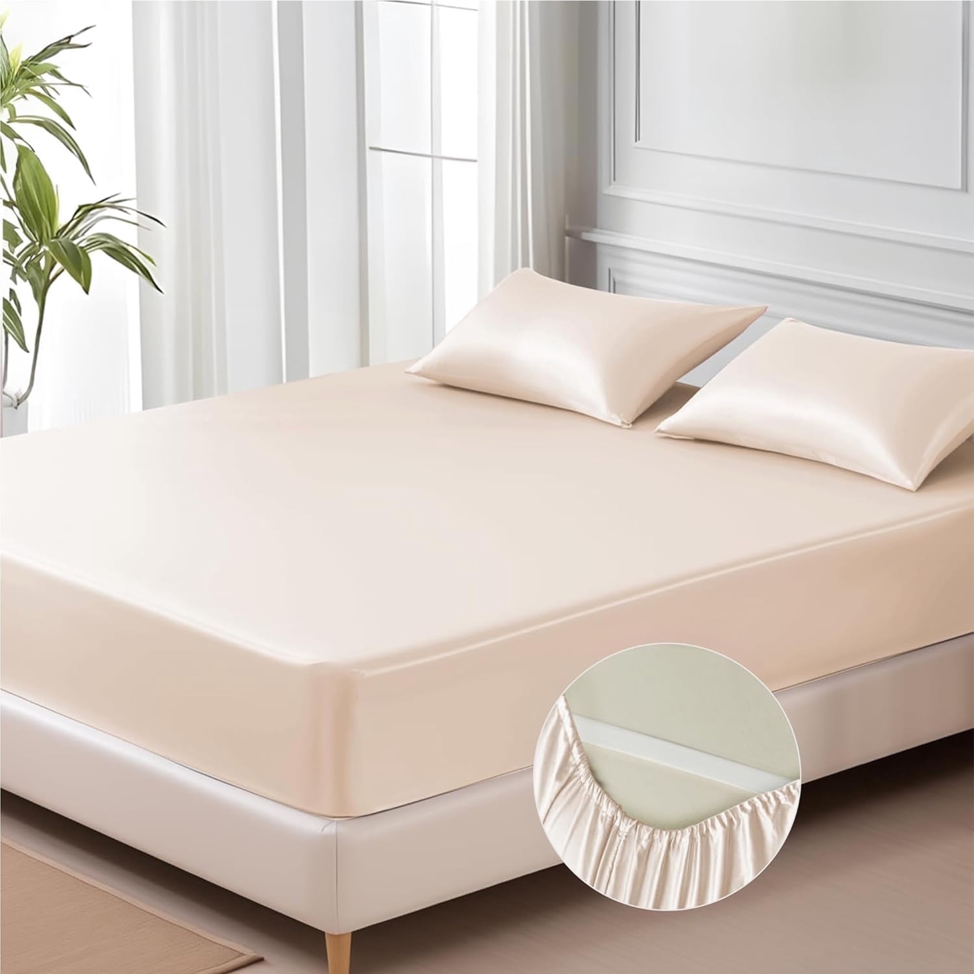MR&HM Satin Fitted Sheet Queen Size, Silky Bottom Sheet with Elastic Corner Straps, Deep Pocket up to 15 Inches, No More Slipping Off for Mattress - 1 Fitted Sheet Only (Beige)