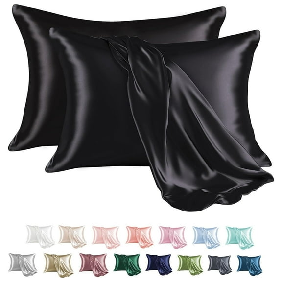 MR&HM Satin Pillow Case, 2 Pack Satin Queen Silky Pillowcase for Hair and Skin, Satin Pillowcase Set of 2, 20x30, Black