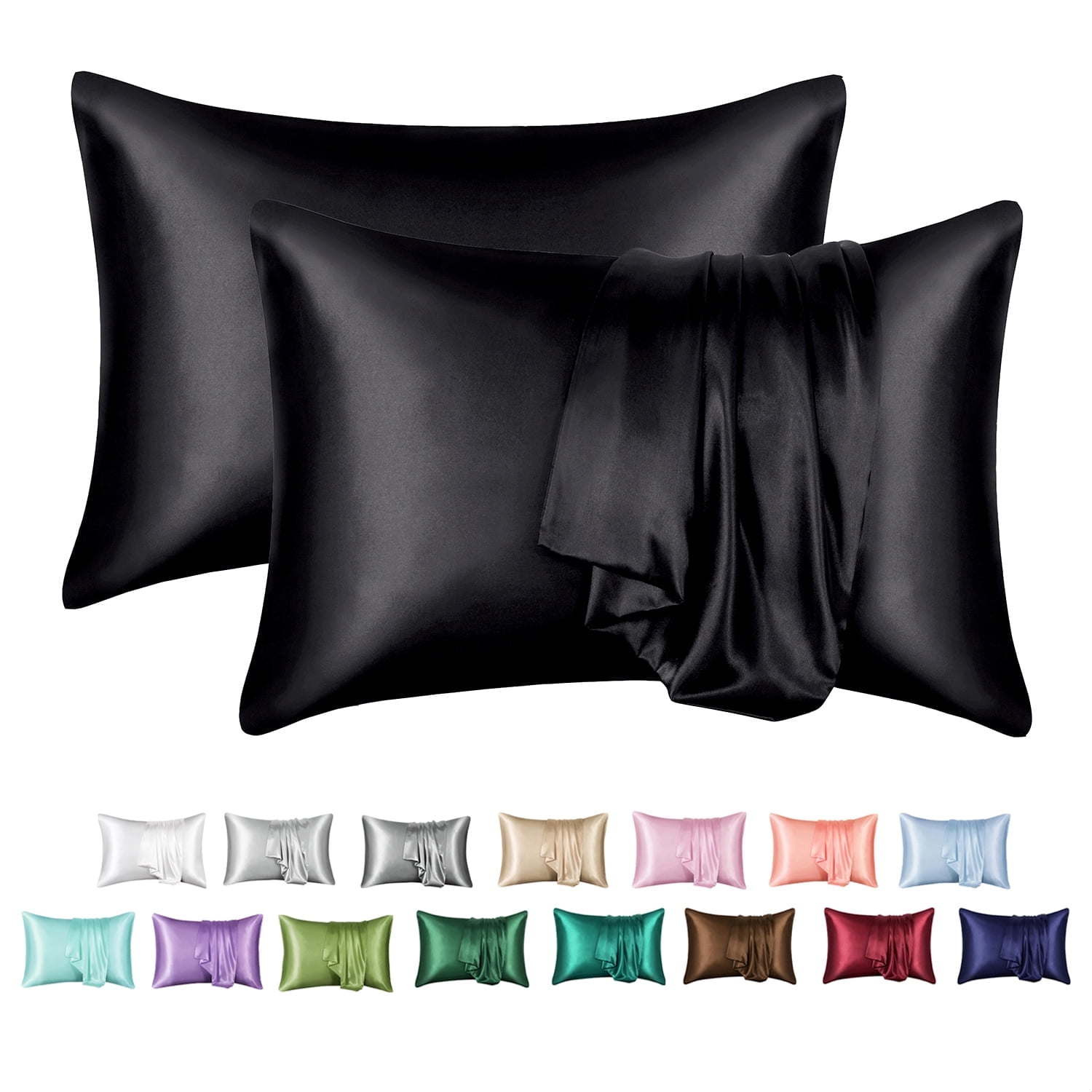 Black Satin Silk Hypoallergenic Queen Pillowcase Set