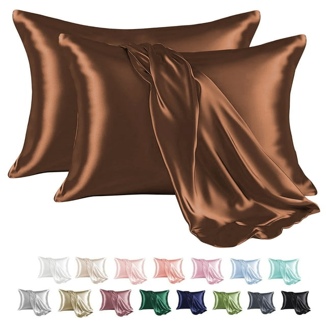 MR&HM Satin Pillow Case, 2 Pack Satin Queen Silky Pillowcase for Hair and Skin, Satin Pillowcase Set of 2, 20x30, Brown