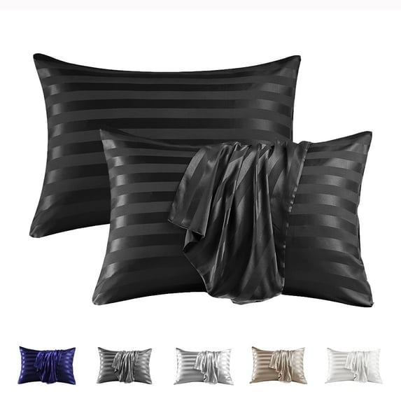 MR&HM Satin Pillow Case, 2 Pack Satin Standard Silky Pillowcase for Hair and Skin, Satin Pillowcase Set of 2, 20x26, Black Striped