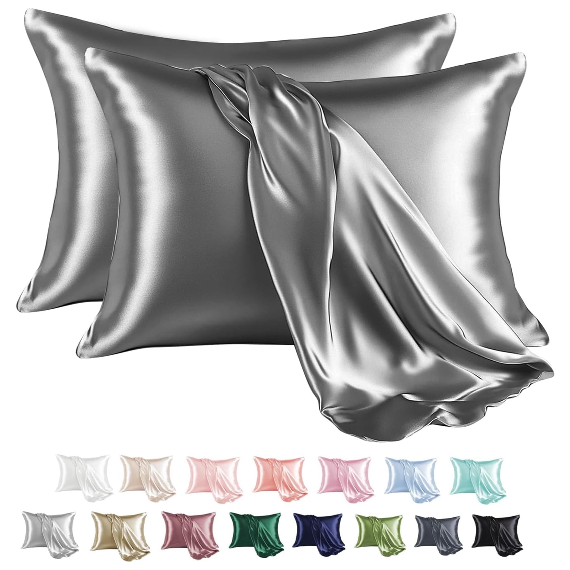 MR&HM Satin Pillow Case, 2 Pack Satin Standard Silky Pillowcase for Hair and Skin, Satin Pillowcase Set of 2, 20x26, Dark Grey