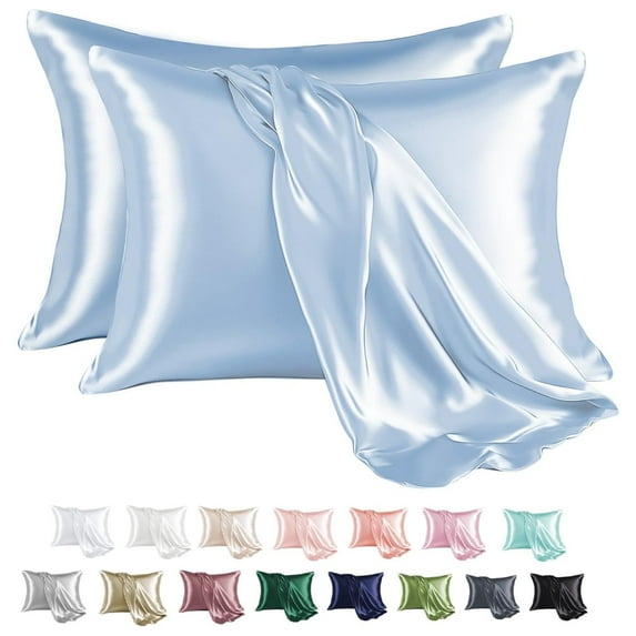 MR&HM Satin Pillow Case, 2 Pack Satin Standard Silky Pillowcase for Hair and Skin, Satin Pillowcase Set of 2, 20x26, Light Blue
