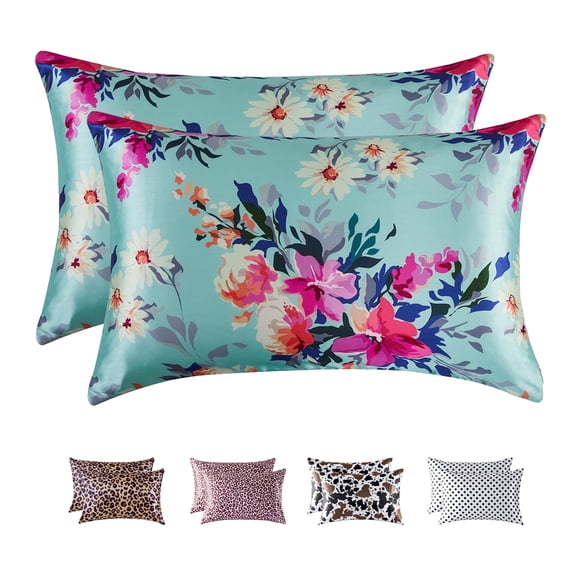 MR&HM Satin Pillow Case, 2 Pack Satin King Silky Pillowcase for Hair and Skin, Satin Pillowcase Set of 2, 20x40, Floral Green