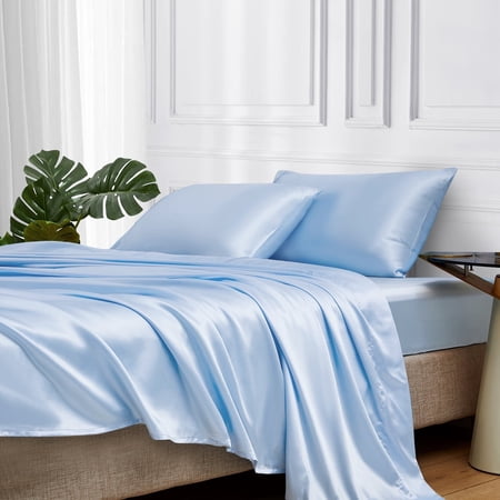 MR&HM Satin Sheet Set Full 4 Pcs, Silky Elegant Luxurious Full Size Bed Sheets, with Flat Sheet, Deep Pocket Fitted Sheet for Mattress and Matching Satin Pillow Cases (Full Size, Light Blue)