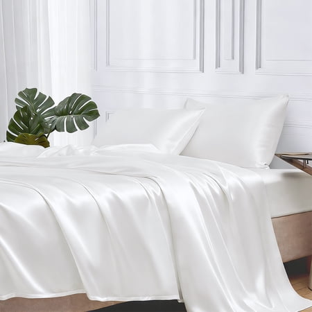 MR&HM Satin Sheet Set Full 4 Pcs, Silky Elegant Luxurious Full Size Bed Sheets, with Flat Sheet, Deep Pocket Fitted Sheet for Mattress and Matching Satin Pillow Cases (Full Size, Ivory)