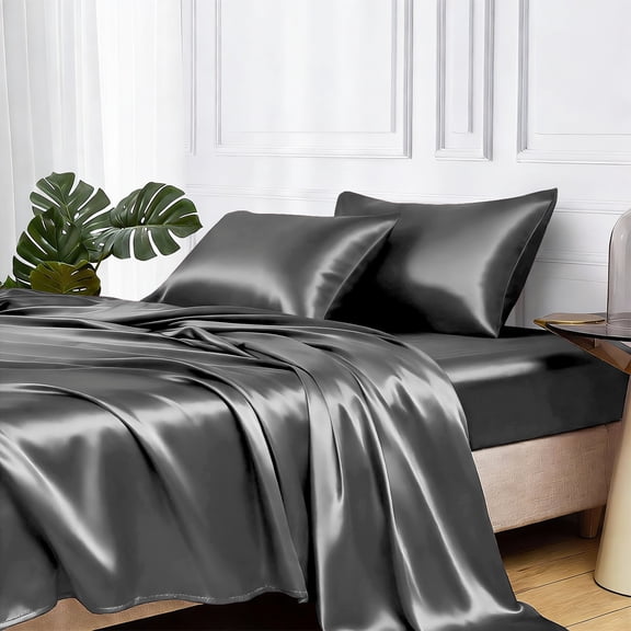 MR&HM Satin Sheet Set Full 4 Pcs, Silky Elegant Luxurious Full Size Bed Sheets, with Flat Sheet, Deep Pocket Fitted Sheet for Mattress and Matching Satin Pillow Cases (Full Size, Dark Grey)