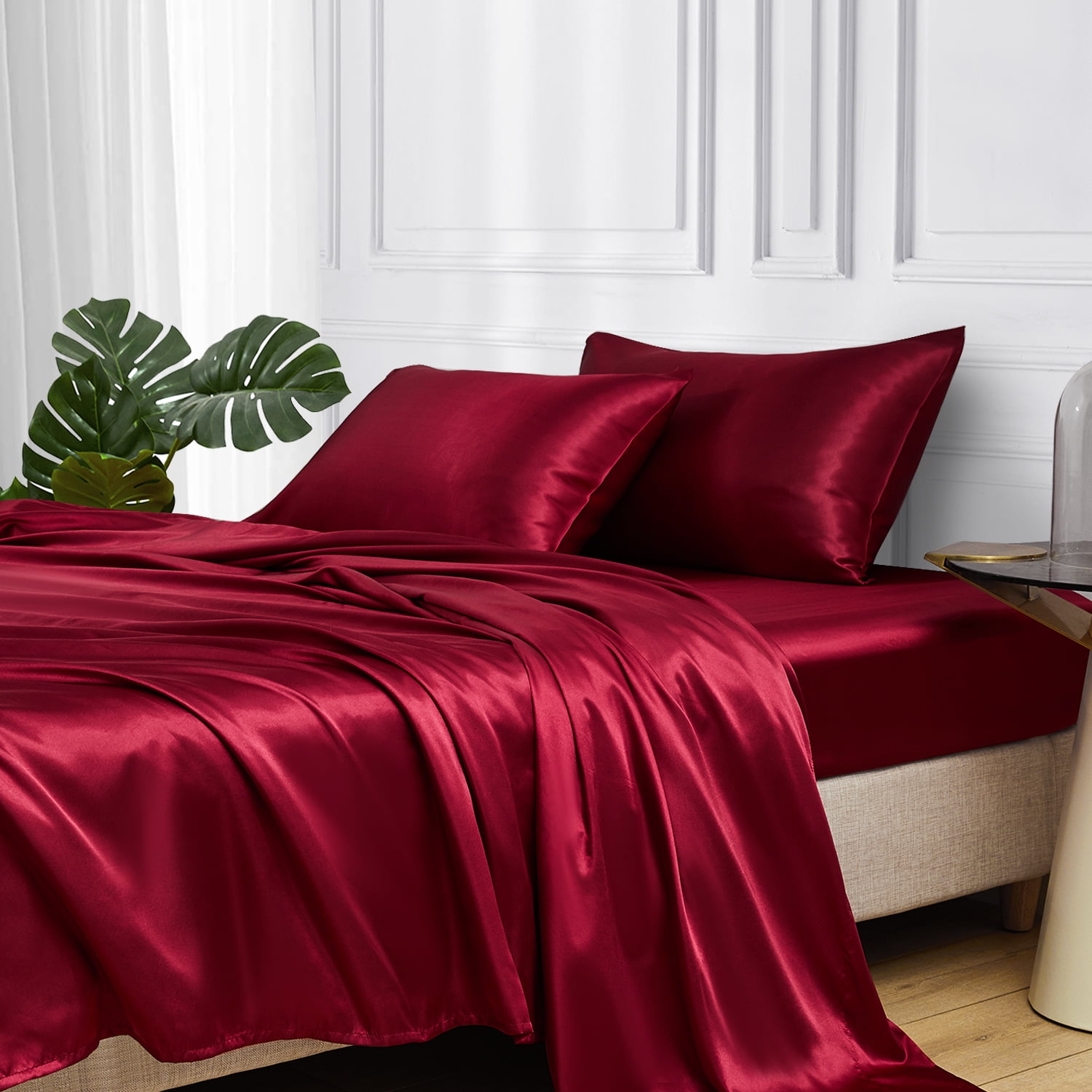 Full Size Burgundy Satin Deep Pocket Bed Sheet Set