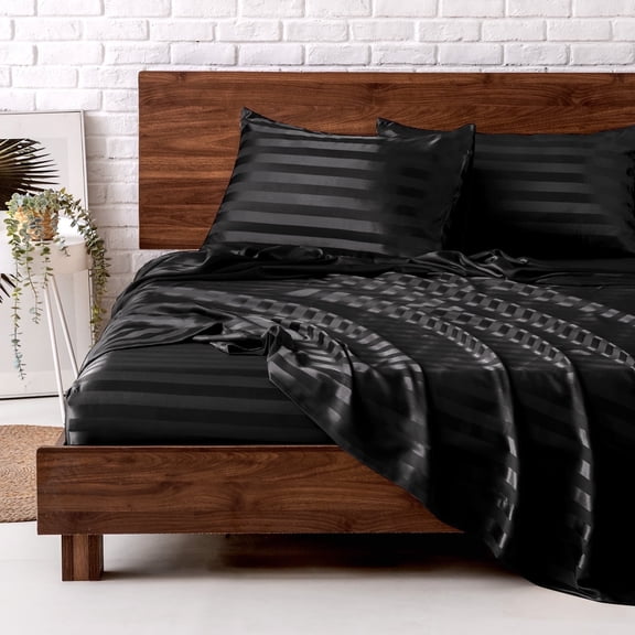 MR&HM Satin Sheet Set King 4 Pcs, Silky Elegant Luxurious King Size Bed Sheets, with Flat Sheet, Deep Pocket Fitted Sheet for Mattress and Matching Satin Pillow Cases (King Size, Black Striped)