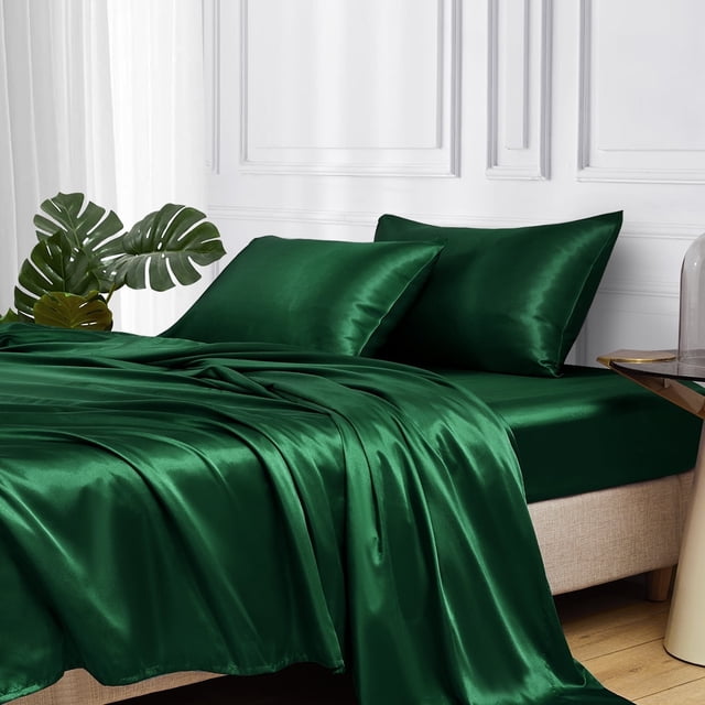 MR&HM Satin Sheet Set King 4 Pcs, Silky Elegant Luxurious King Size Bed Sheets, with Flat Sheet, Deep Pocket Fitted Sheet for Mattress and Matching Satin Pillow Cases (King Size, Dark Green)