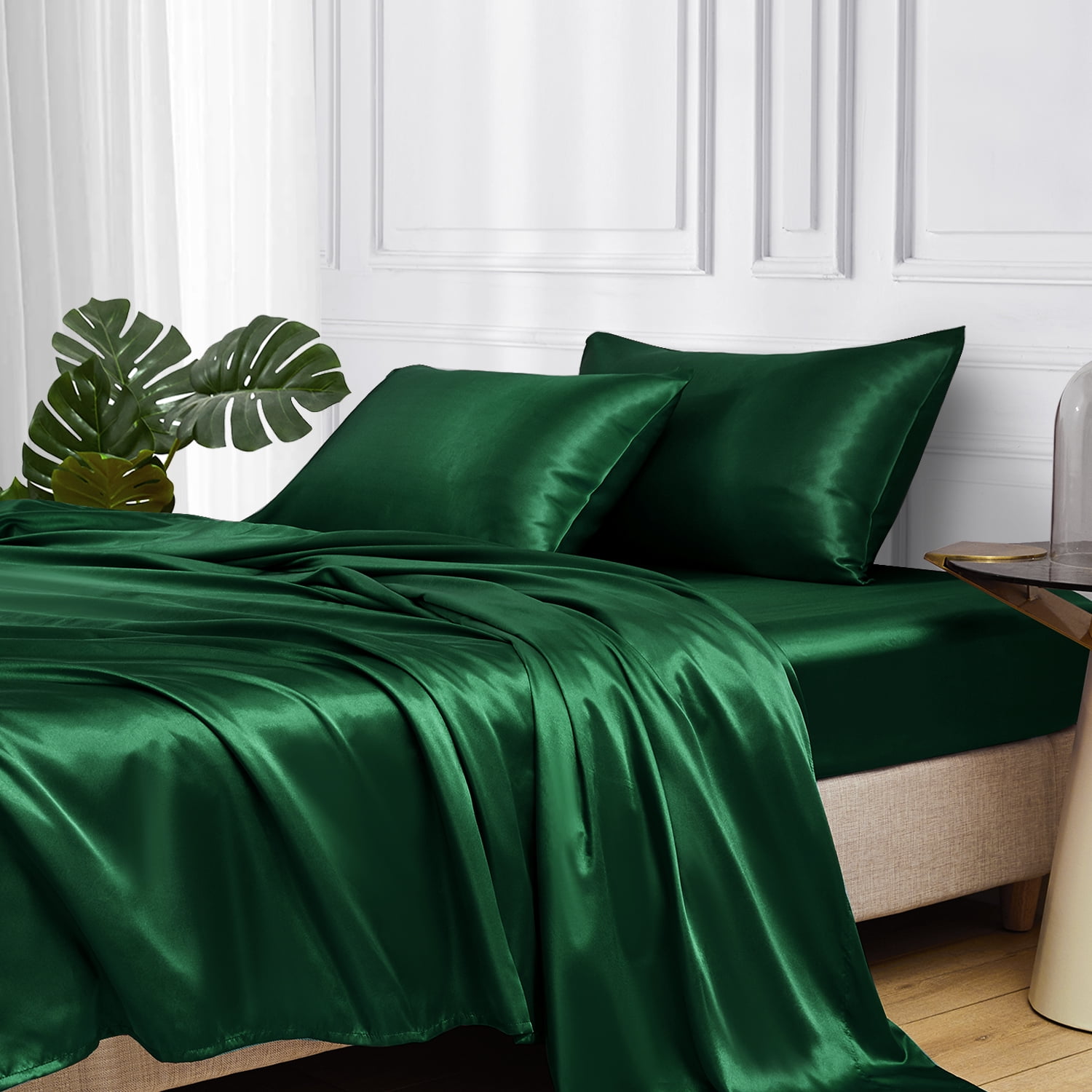 King Dark Green Satin Deep Pocket Bed Sheet Set