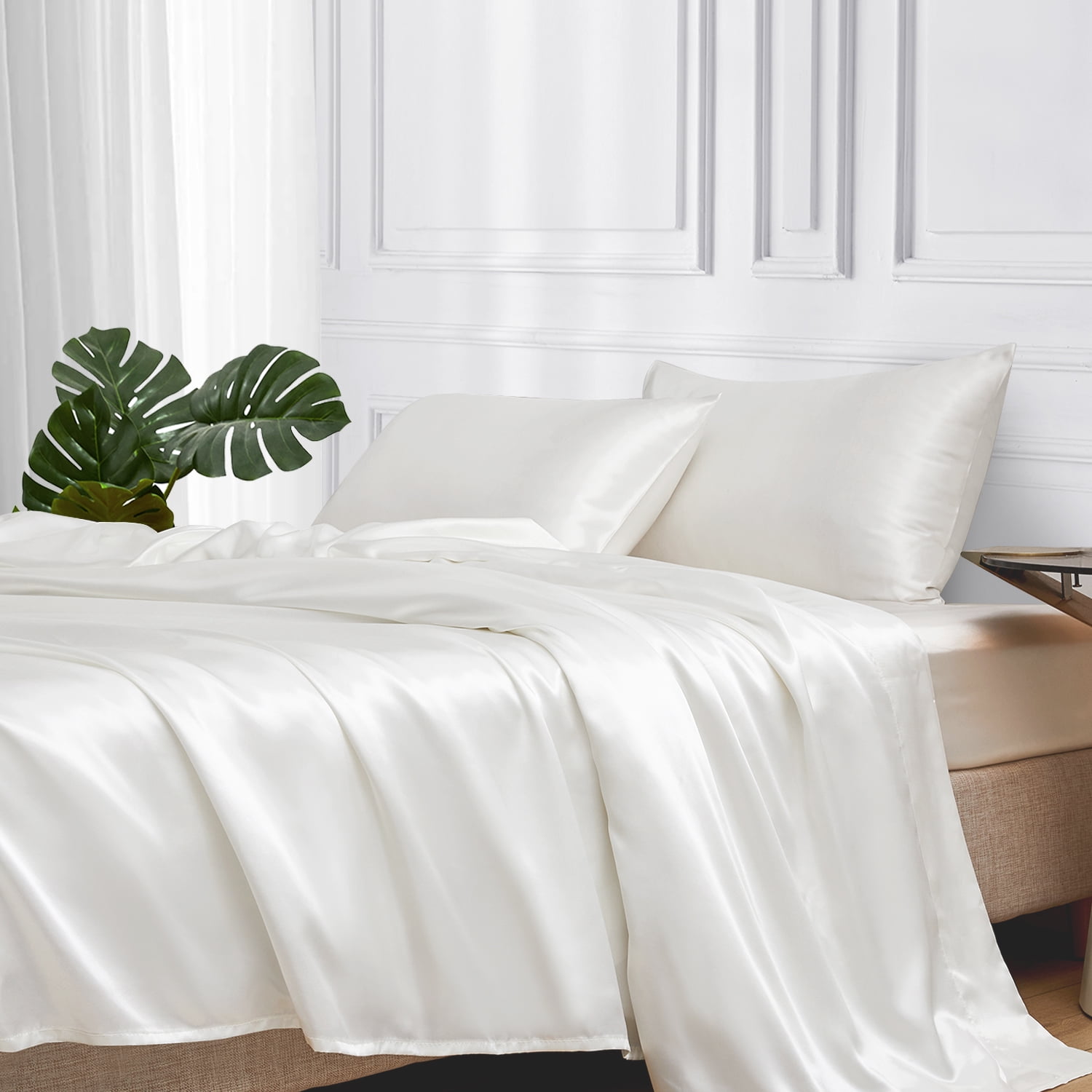 MR&HM Satin Sheet Set Queen 4 Pcs, Silky Elegant Luxurious Queen Size Bed Sheets, with Flat Sheet, Deep Pocket Fitted Sheet for Mattress and Matching Satin Pillow Cases (Queen Size, Ivory) - Walmart.com