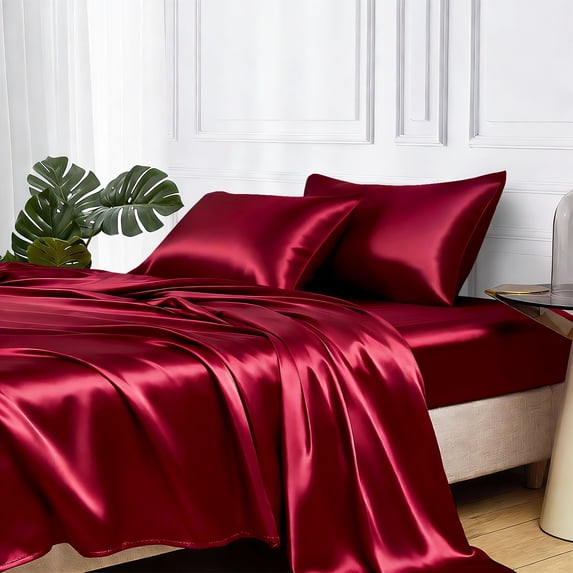 MR&HM Satin Sheet Set Queen 4 Pcs, Silky Elegant Luxurious Queen Size Bed Sheets, with Flat Sheet, Deep Pocket Fitted Sheet for Mattress and Matching Satin Pillow Cases (Queen Size, Burgundy)