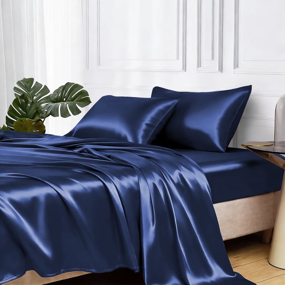 MR&HM Satin Sheet Set Queen 4 Pcs, Silky Elegant Luxurious Queen Size Bed Sheets, with Flat Sheet, Deep Pocket Fitted Sheet for Mattress and Matching Satin Pillow Cases (Queen Size, Navy Blue)