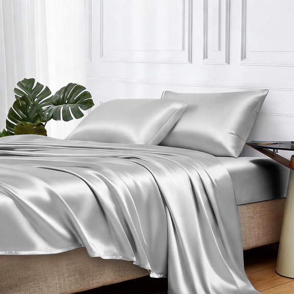 MR&HM Satin Sheet Set Queen 4 Pcs, Silky Elegant Luxurious Queen Size Bed Sheets, with Flat Sheet, Deep Pocket Fitted Sheet for Mattress and Matching Satin Pillow Cases (Queen Size, Silver Grey)
