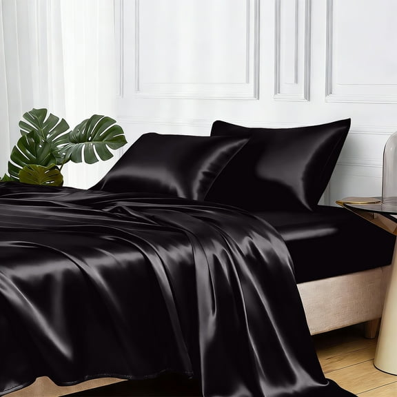 MR&HM Satin Sheet Set Queen 4 Pcs, Silky Elegant Luxurious Queen Size Bed Sheets, with Flat Sheet, Deep Pocket Fitted Sheet for Mattress and Matching Satin Pillow Cases (Queen Size, Black)