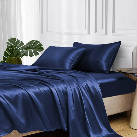 MR&HM Satin Sheet Set Queen 4 Pcs, Silky Elegant Luxurious Queen Size Bed Sheets, with Flat Sheet, Deep Pocket Fitted Sheet for Mattress and Matching Satin Pillow Cases (Queen Size, Navy Blue)