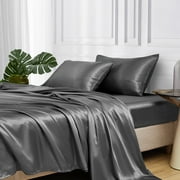 MR&HM Satin Sheet Set Queen 4 Pcs, Silky Elegant Luxurious Queen Size Bed Sheets, with Flat Sheet, Deep Pocket Fitted Sheet for Mattress and Matching Satin Pillow Cases (Queen Size, Dark Grey)