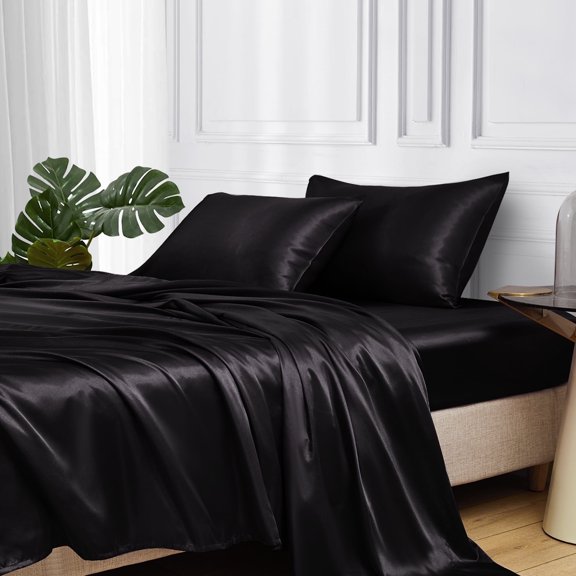 MR&HM Satin Sheet Set Twin 3 Pcs, Silky Elegant Luxurious Twin Bed Sheets, with Flat Sheet, Deep Pocket Fitted Sheet for Mattress and Matching Satin Pillow Case (Twin Size, Black)