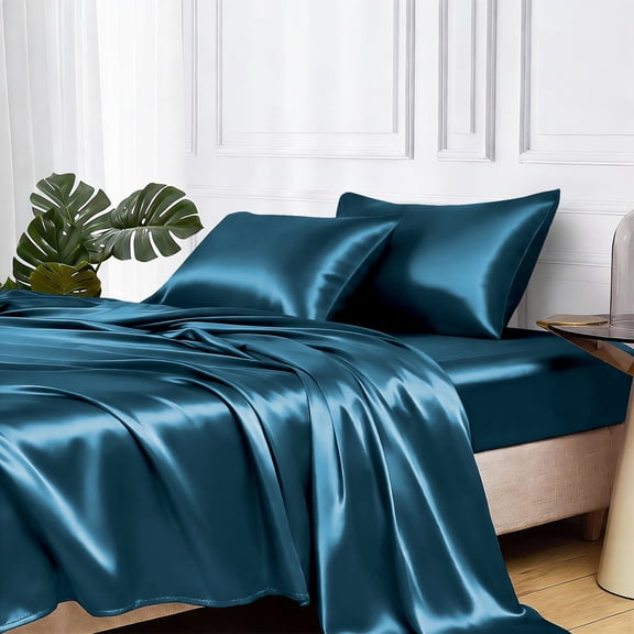 MR&HM Silky Satin Sheet Set Full Size 4 Pcs, Elegant Luxurious Full Size Bed Sheets, with Flat Sheet, 15'' Deep Pocket Fitted Sheet and Queen Satin Pillow Cases Set of 2 (Full Size, Teal)