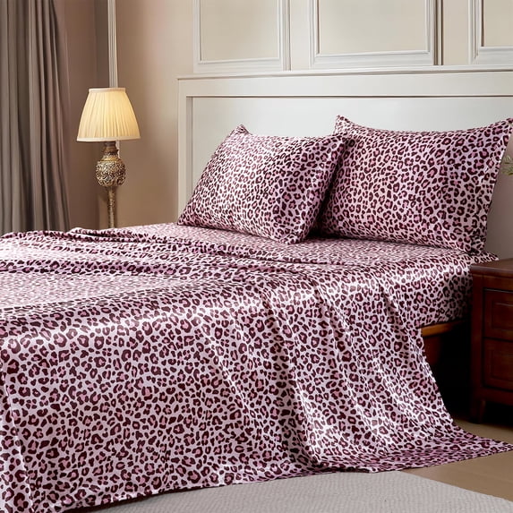 MR&HM Silky Satin Sheet Set Full Size 4 Pcs, Elegant Luxurious Full Size Bed Sheets, with Flat Sheet, 15'' Deep Pocket Fitted Sheet and Queen Satin Pillow Cases Set of 2 (Full Size, Pink Leopard)