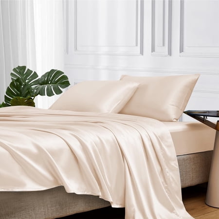 MR&HM Silky Satin Sheet Set Full Size 4 Pcs, Elegant Luxurious Full Size Bed Sheets, with Flat Sheet, 15'' Deep Pocket Fitted Sheet and Queen Satin Pillow Cases Set of 2 (Full Size, Beige)
