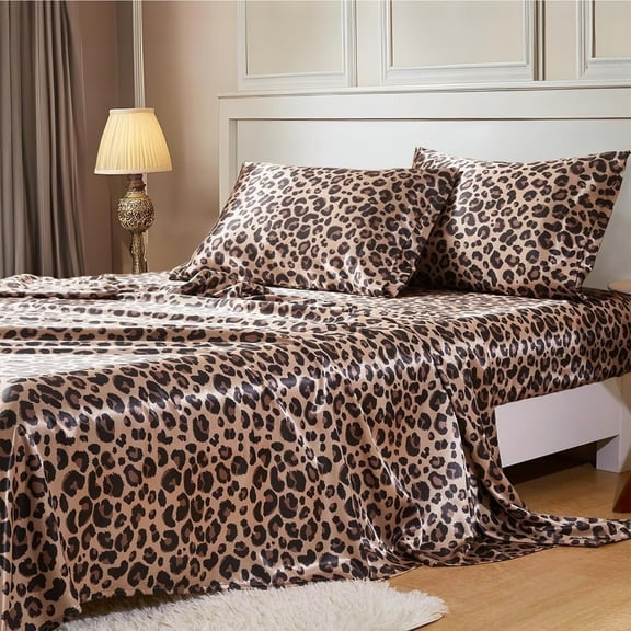 MR&HM Silky Satin Sheet Set King Size 4 Pcs, Elegant Luxurious King Size Bed Sheets, with Flat Sheet, 15'' Deep Pocket Fitted Sheet and King Satin Pillow Cases Set of 2 (King Size, Brown Leopard)
