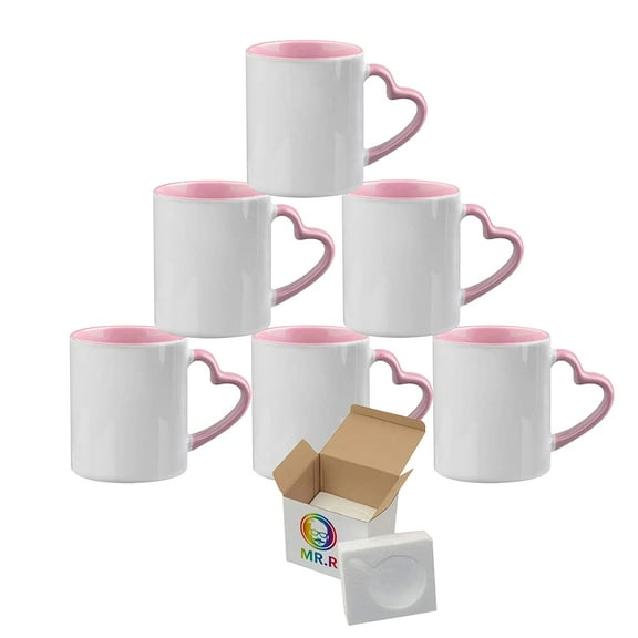 MR.R 11oz Set of 6 Sublimation Blank Dishwasher Ceramic Mug,Blank Coated Cup,Sublimation Blank Mugs,Classic Cup with Pink Color Inner Mug and Heart Handle,