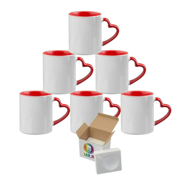 MR.R 11oz Set of 6 Sublimation Blank Dishwasher Ceramic Mug,Blank Coated Cup,Sublimation Blank Mugs,Classic Cup with Red Color Inner Mug and Heart Handle