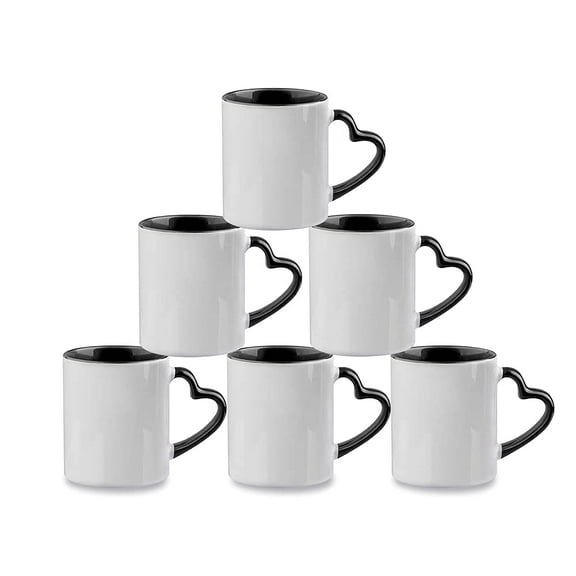 MR.R 11oz Set of 6 Sublimation Blank Dishwasher Ceramic Mug,Blank Coated Cup,Sublimation Blank Mugs,Classic Cup with Black Color Inner Mug and Heart Handle,