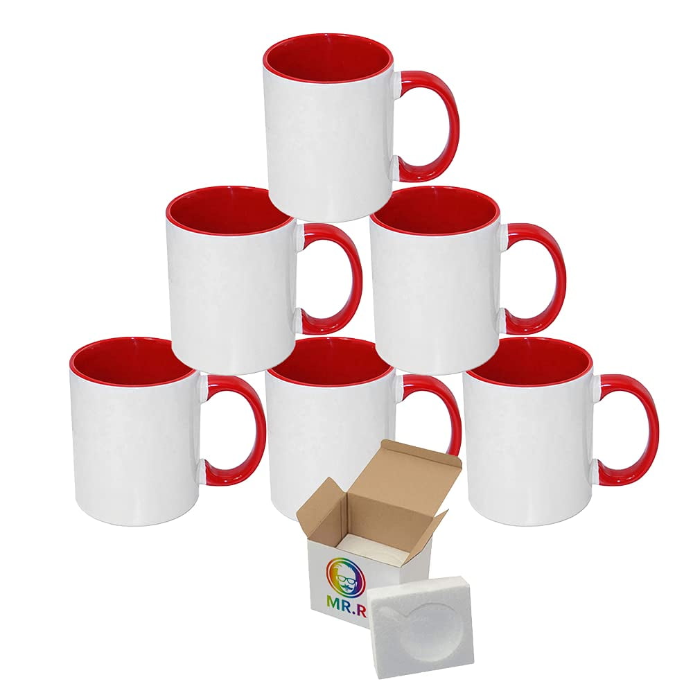 MR.R 11oz Set of 6 Sublimation Blank Coffee Mugs,Cup Blank White Mug Cup with Red Color Mug Inner and Handle