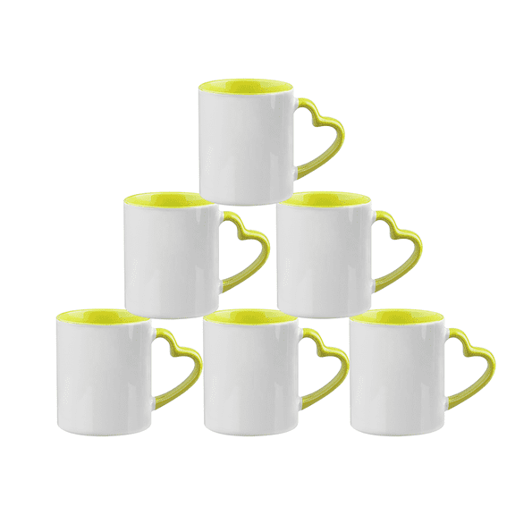 MR.R 11oz Set of 6 Sublimation Blank Coffee Mugs,Cup Blank White Mug Cup with Yellow Inner Color Mug and Heart Handle