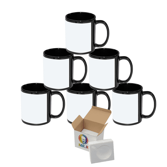 MR.R 11oz Set of 6 Sublimation Blanks Black Full Color Ceramic Coffee Mug with White Patch for heat transfer printing